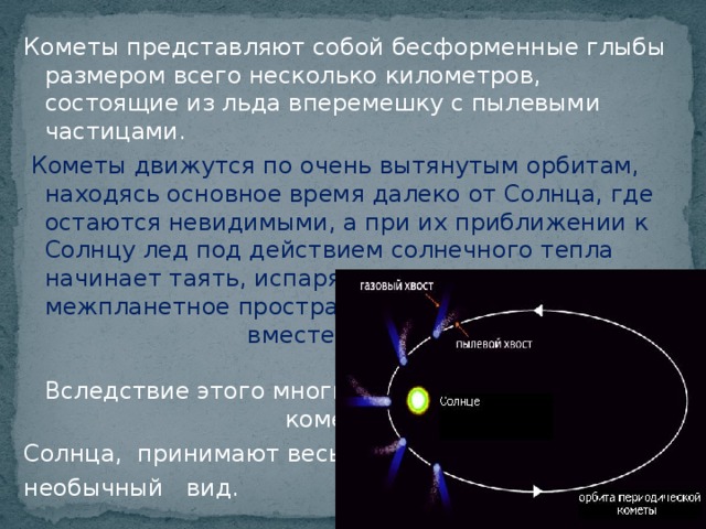 Кометы представляют собой бесформенные глыбы размером всего несколько километров, состоящие из льда вперемешку с пылевыми частицами.  Кометы движутся по очень вытянутым орбитам, находясь основное время далеко от Солнца, где остаются невидимыми, а при их приближении к Солнцу лед под действием солнечного тепла начинает таять, испаряясь и улетучиваясь в межпланетное пространство вместе с другими газами. Вследствие этого многие кометы, проходя вблизи Солнца, принимают весьма необычный вид.