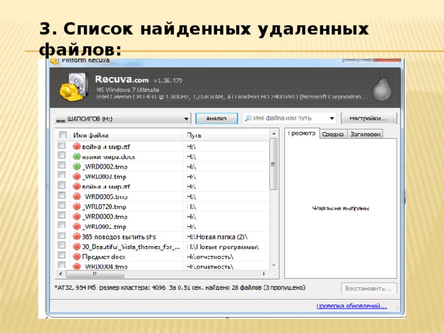 3. Список найденных удаленных файлов: