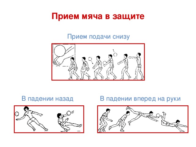 Прием мяча в защите Прием подачи снизу В падении назад В падении вперед на руки