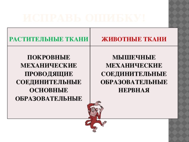 Исправь ошибку! РАСТИТЕЛЬНЫЕ ТКАНИ ЖИВОТНЫЕ ТКАНИ ПОКРОВНЫЕ МЕХАНИЧЕСКИЕ МЫШЕЧНЫЕ ПРОВОДЯЩИЕ МЕХАНИЧЕСКИЕ СОЕДИНИТЕЛЬНЫЕ СОЕДИНИТЕЛЬНЫЕ ОСНОВНЫЕ ОБРАЗОВАТЕЛЬНЫЕ НЕРВНАЯ ОБРАЗОВАТЕЛЬНЫЕ