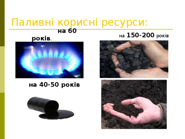 Паливні корисні ресурси:  на 60 років . на 150-200 років на 40-50 років