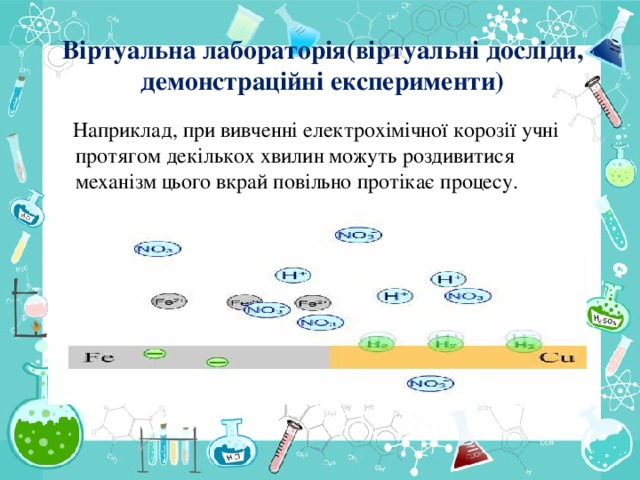 Віртуальна лабораторія(віртуальні досліди, демонстраційні експерименти)  Наприклад, при вивченні електрохімічної корозії учні протягом декількох хвилин можуть роздивитися механізм цього вкрай повільно протікає процесу.