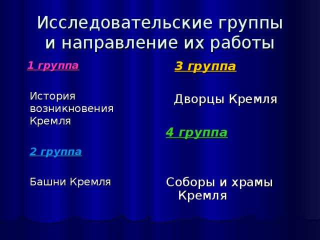 Исследовательские группы  и направление их работы  3 группа   Дворцы Кремля 4 группа   Соборы и храмы Кремля  1 группа   История возникновения Кремля  2 группа   Башни Кремля