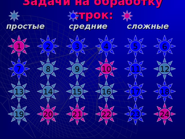 Задачи на обработку строк:  простые  средние сложные  4 1 2 6 3 5 7 12 11 10 8 9 13 16 14 17 18 15 23 21 24 20 19 22