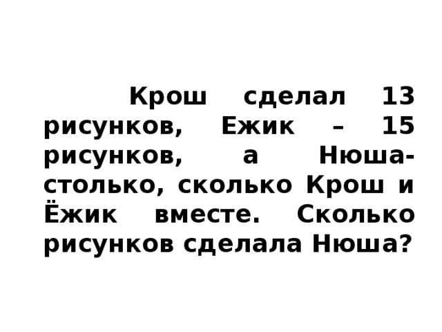 Крош сделал 13 рисунков, Ежик – 15 рисунков, а Нюша- столько, сколько Крош и Ёжик вместе. Сколько рисунков сделала Нюша?