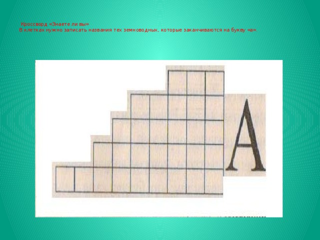     Кроссворд «Знаете ли вы»  В клетках нужно записать названия тех земноводных, которые заканчиваются на букву «а».   