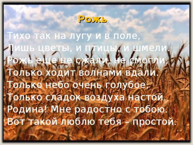 Рожь Тихо так на лугу и в поле, Лишь цветы, и птицы, и шмели. Рожь еще не сжали, не смогли, Только ходит волнами вдали. Только небо очень голубое, Только сладок воздуха настой. Родина! Мне радостно с тобою. Вот такой люблю тебя – простой.