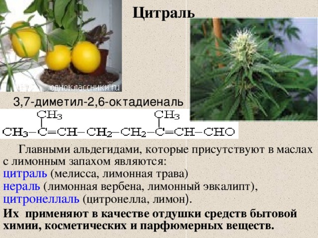 Цитраль  3,7-диметил-2,6-октадиеналь  Главными альдегидами, которые присутствуют в маслах с лимонным запахом являются : цитраль  (мелисса, лимонная трава) нераль (лимонная вербена, лимонный эвкалипт), цитронеллаль  (цитронелла, лимон ). Их применяют в качестве отдушки средств бытовой химии, косметических и парфюмерных веществ.