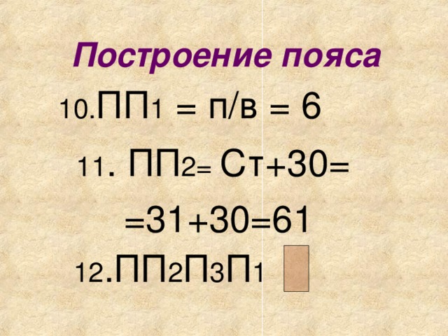 Построение пояса  10. ПП 1 = п/в = 6  11 . ПП 2= Ст+30= =31+30=61 12 .ПП 2 П 3 П 1