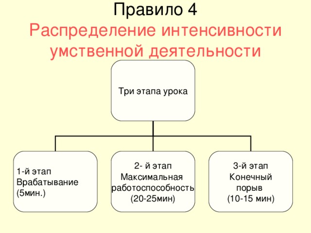 Правило 4  Распределение интенсивности умственной деятельности Три этапа урока 1-й этап Врабатывание (5мин.) 2- й этап Максимальная работоспособность (20-25мин) 3-й этап Конечный порыв (10-15 мин)