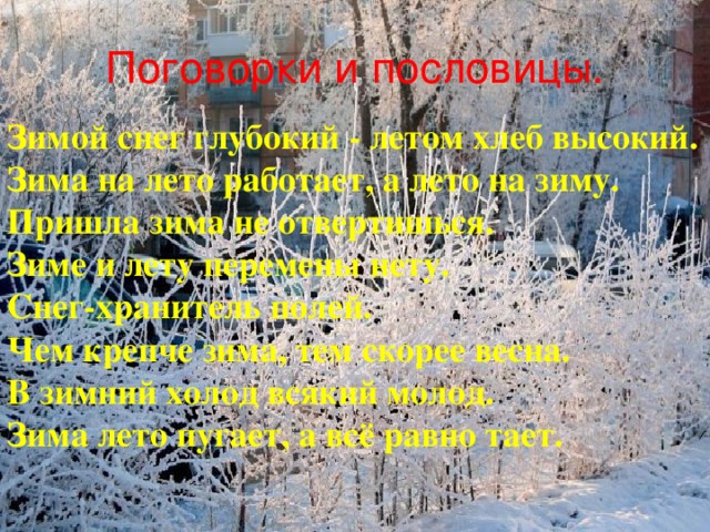 Поговорки и пословицы. Зимой снег глубокий - летом хлеб высокий. Зима на лето работает, а лето на зиму. Пришла зима не отвертишься. Зиме и лету перемены нету. Снег-хранитель полей. Чем крепче зима, тем скорее весна. В зимний холод всякий молод. Зима лето пугает, а всё равно тает.