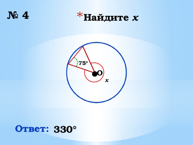 № 4 Найдите x 75  ∙ O x Ответ: 330 