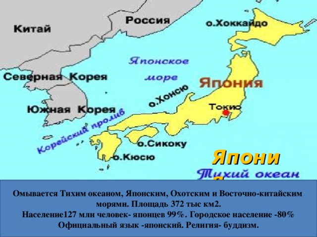 Япония  -    Омывается Тихим океаном, Японским, Охотским и Восточно-китайским морями. Площадь 372 тыс км2. Население127 млн человек- японцев 99%. Городское население -80% Официальный язык -японский. Религия- буддизм.