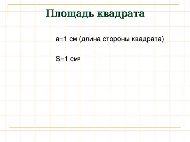 Площадь квадрата а=1 см (длина стороны квадрата) S =1 см 2