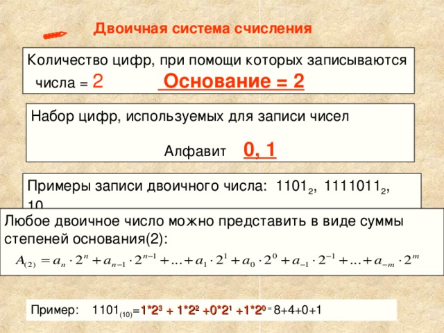   Двоичная система счисления Количество цифр, при помощи которых записываются  числа = 2 Основание = 2  Набор цифр, используемых для записи чисел Алфавит 0, 1   Примеры записи двоичного числа: 1101 2 ,  1111011 2 ,  10 2 Любое двоичное число можно представить в виде суммы степеней основания(2): Пример: 1101 (10) = 1*2 3 + 1*2 2 +0*2 1 +1*2 0 = 8+4+0+1 12
