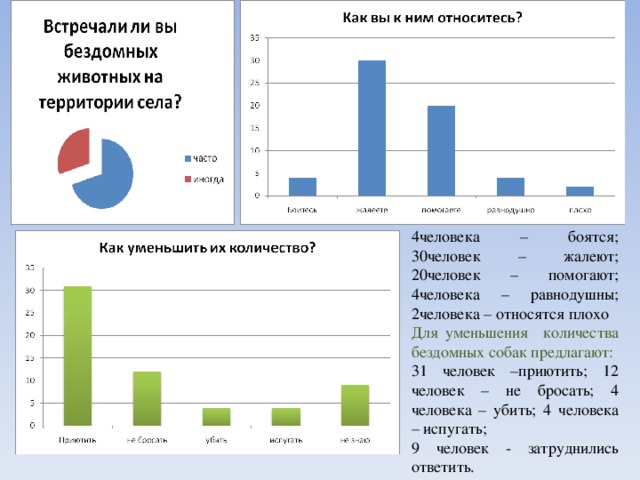 4человека – боятся; 30человек – жалеют; 20человек – помогают; 4человека – равнодушны; 2человека – относятся плохо Для уменьшения количества бездомных собак предлагают: 31 человек –приютить; 12 человек – не бросать; 4 человека – убить; 4 человека – испугать; 9 человек - затруднились ответить.