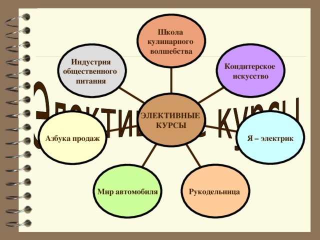 Школа кулинарного волшебства Кондитерское искусство Индустрия общественного питания ЭЛЕКТИВНЫЕ КУРСЫ Я – электрик Азбука продаж Рукодельница Мир автомобиля