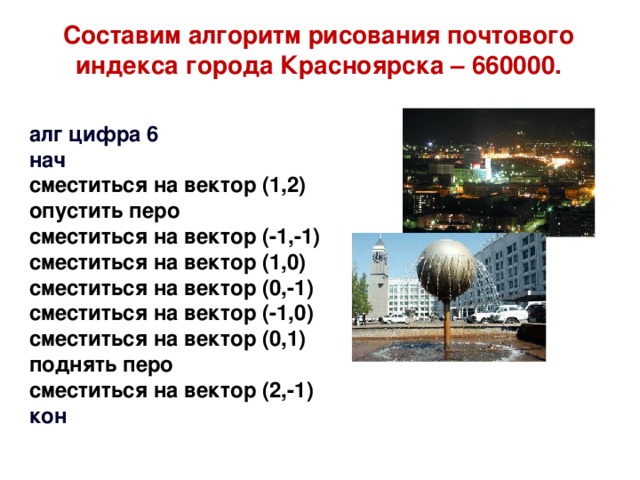 Составим алгоритм рисования почтового индекса города Красноярска – 660000. алг цифра 6 нач сместиться на вектор (1,2) опустить перо сместиться на вектор (-1,-1) сместиться на вектор (1,0) сместиться на вектор (0,-1) сместиться на вектор (-1,0) сместиться на вектор (0,1) поднять перо сместиться на вектор (2,-1) кон