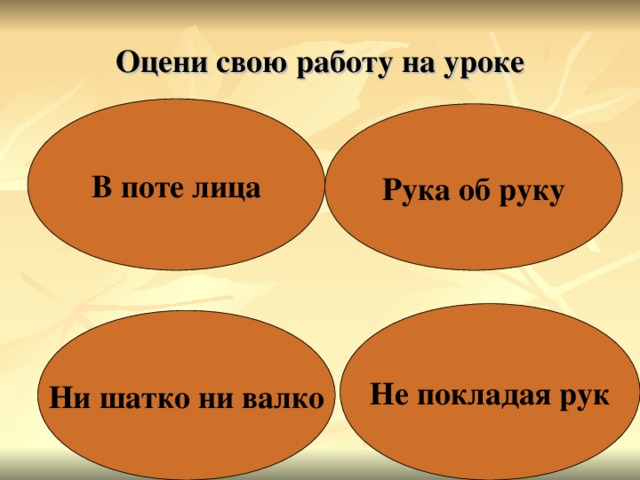 Оцени свою работу на уроке В поте лица Рука об руку Не покладая рук Ни шатко ни валко