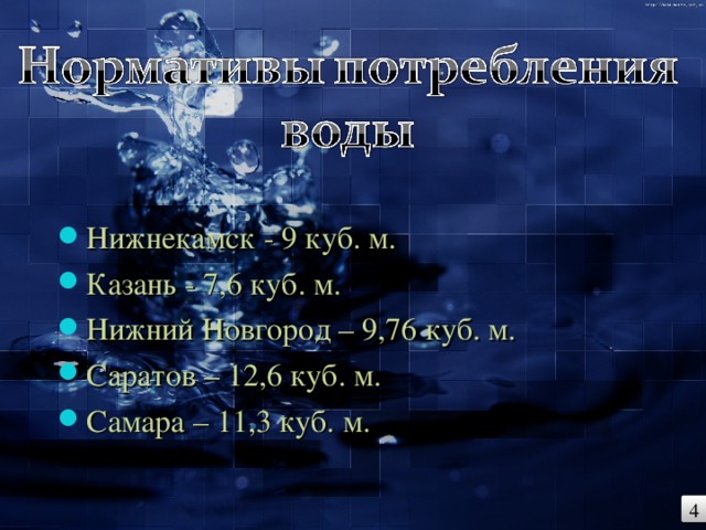 Нижнекамск - 9 куб. м. Казань - 7,6 куб. м. Нижний Новгород – 9,76 куб. м. Саратов – 12,6 куб. м. Самара – 11,3 куб. м.