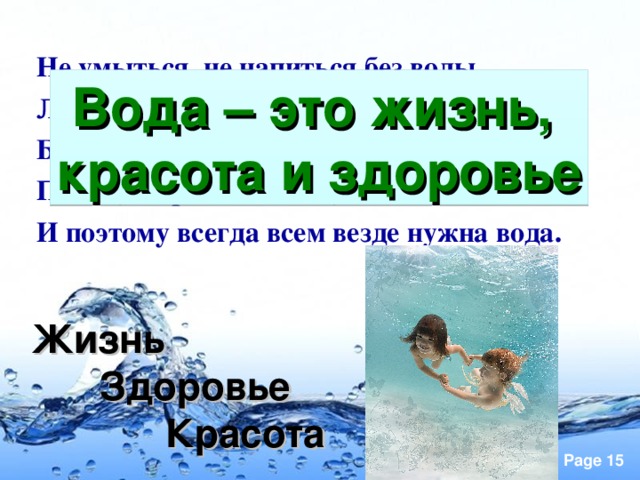 Не умыться, не напиться без воды. Листику не распуститься без воды. Без воды прожить не могут Птица, зверь и человек, И поэтому всегда всем везде нужна вода. Вода – это жизнь,  красота и здоровье Жизнь  Здоровье  Красота