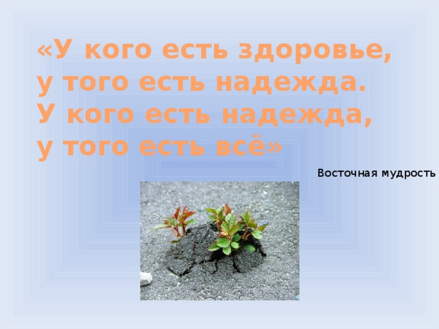 «У кого есть здоровье, у того есть надежда. У кого есть надежда, у того есть всё» Восточная мудрость