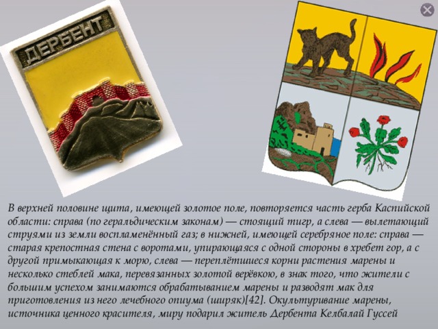 В верхней половине щита, имеющей золотое поле, повторяется часть герба Каспийской области: справа (по геральдическим законам) — стоящий тигр, а слева — вылетающий струями из земли воспламенённый газ; в нижней, имеющей серебряное поле: справа — старая крепостная стена с воротами, упирающаяся с одной стороны в хребет гор, а с другой примыкающая к морю, слева — переплётшиеся корни растения марены и несколько стеблей мака, перевязанных золотой верёвкою, в знак того, что жители с большим успехом занимаются обрабатыванием марены и разводят мак для приготовления из него лечебного опиума (ширяк)[42]. Окультуривание марены, источника ценного красителя, миру подарил житель Дербента Келбалай Гуссей