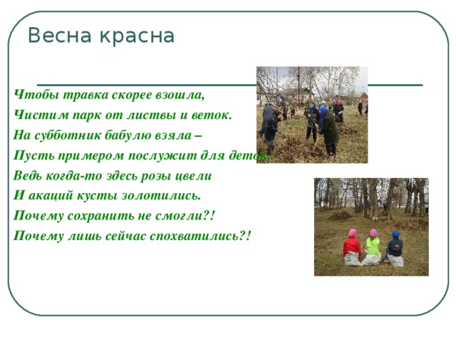 Чтобы травка скорее взошла, Чистим парк от листвы и веток. На субботник бабулю взяла – Пусть примером послужит для деток. Ведь когда-то здесь розы цвели И акаций кусты золотились. Почему сохранить не смогли?! Почему лишь сейчас спохватились?!