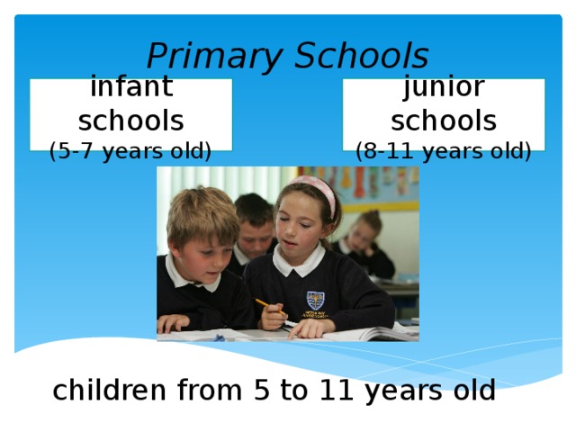 Primary Schools infant schools junior schools (5-7 years old) (8-11 years old) children from 5 to 11 years old