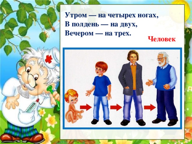 Рассмотри Утром — на четырех ногах, В полдень — на двух, Вечером — на трех. Человек