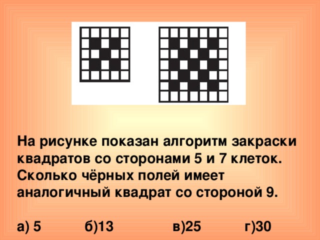 На рисунке показан алгоритм закраски квадратов со сторонами 5 и 7 клеток. Сколько чёрных полей имеет аналогичный квадрат со стороной 9.  а) 5  б)13  в)25  г)30