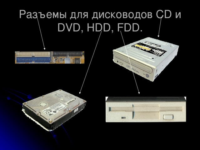 Разъемы для дисководов CD и DVD, HDD, FDD.