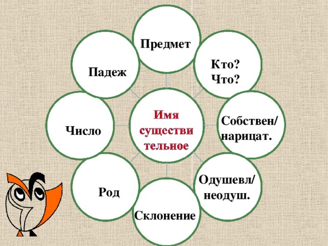 Предмет  Кто? Что? Падеж Собствен/ нарицат. Число Одушевл/ неодуш. Род Склонение