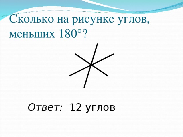 Сколько на рисунке углов, меньших 180°? Ответ: 12 углов