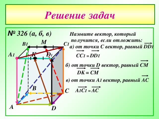 В Решение задач № 326 (а , б , в)  Назовите вектор , который  получится , если отложить: а) от точки С вектор , равный DD 1  М С 1 В 1 К D 1 А 1 CC 1 = DD 1 б) от точки D вектор , равный СМ  DK = CM в) от точки А 1 вектор , равный АС С А 1 С 1 = АС А D