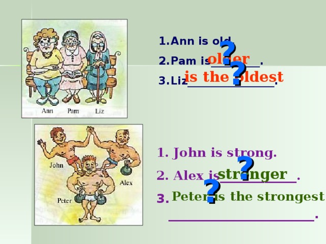 ? Ann is old. Pam is_________. Liz________________. older ? is the oldest  John is strong.  Alex is ____________ .  _______________________. ? stronger ? Peter is the strongest
