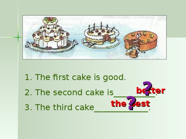 The first cake is good.  The second cake is__________.  The third cake_____________.