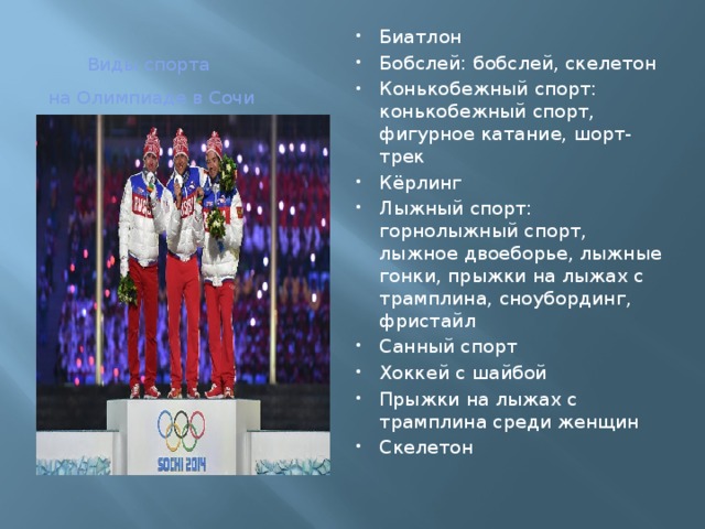 Виды спорта  на Олимпиаде в Сочи