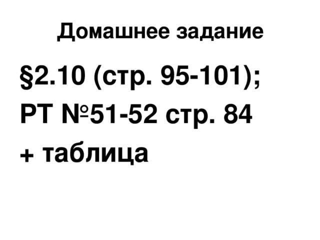 Домашнее задание §2.10 (стр. 95-101); РТ №51-52 стр. 84 + таблица