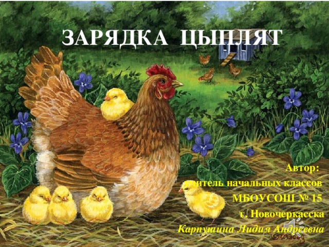 Зарядка цыплят Автор: учитель начальных классов МБОУСОШ № 15 г. Новочеркасска Карпушина Лидия Андреевна