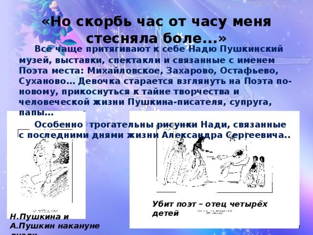 «Но скорбь час от часу меня стесняла боле...»    Всё чаще притягивают к себе Надю Пушкинский музей, выставки, спектакли и связанные с именем Поэта места: Михайловское, Захарово, Остафьево, Суханово… Девочка старается взглянуть на Поэта по-новому, прикоснуться к тайне творчества и человеческой жизни Пушкина-писателя, супруга, папы…  Особенно трогательны рисунки Нади, связанные с последними днями жизни Александра Сергеевича..    Убит поэт – отец четырёх детей Н.Пушкина и А.Пушкин накануне дуэли