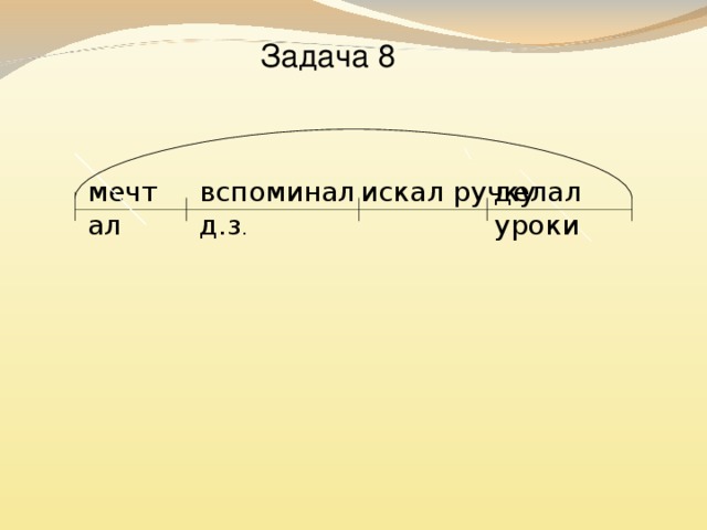 Задача 8 делал уроки искал ручку вспоминал д.з . мечтал 2)135-36-25-18=56(мин) – делал уроки 135 мин 25 мин ? Ответ: 56 минут делал уроки. 36 мин 36:2 мин 1)36:2=18(мин) – искал ручку