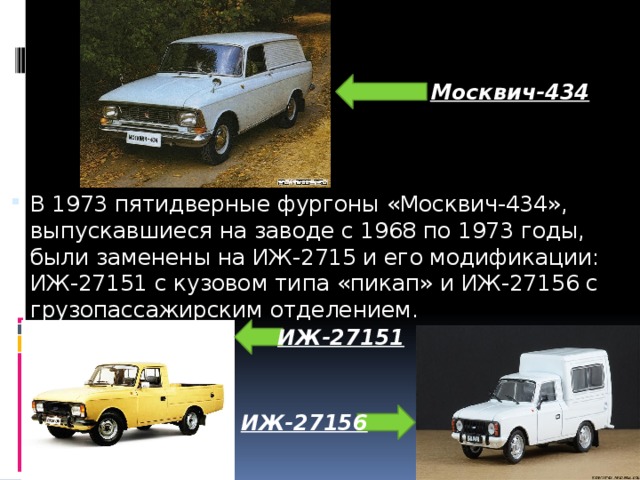 Москвич-434 В 1973 пятидверные фургоны «Москвич-434», выпускавшиеся на заводе с 1968 по 1973 годы, были заменены на ИЖ-2715 и его модификации: ИЖ-27151 с кузовом типа «пикап» и ИЖ-27156 с грузопассажирским отделением. ИЖ-27151 ИЖ-27156