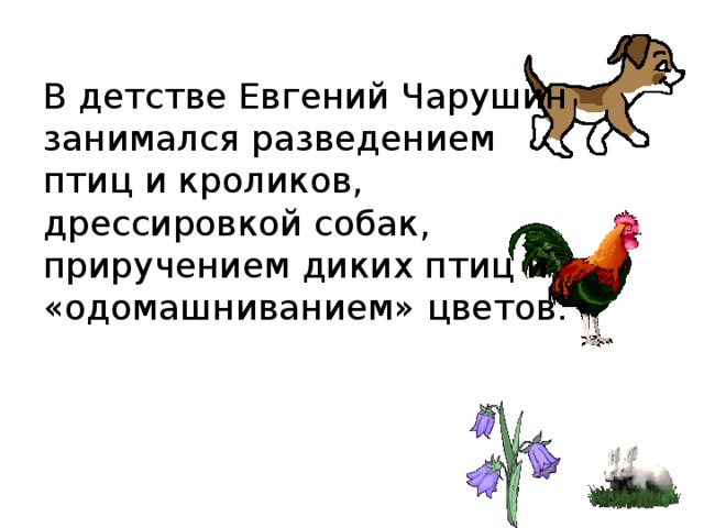 В детстве Евгений Чарушин занимался разведением птиц и кроликов, дрессировкой собак, приручением диких птиц и «одомашниванием» цветов.