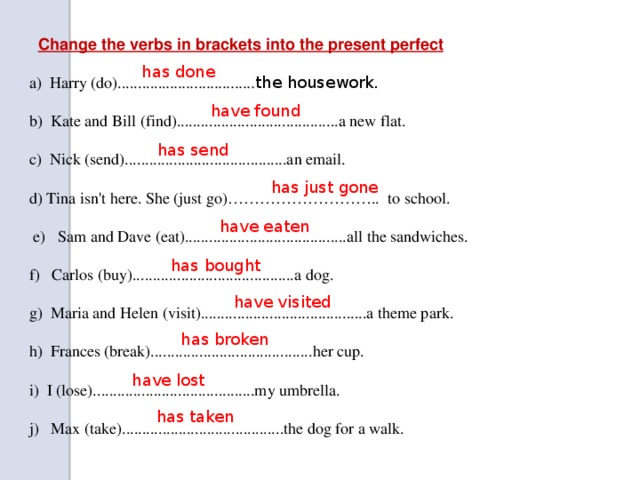 Change the verbs in brackets into the present perfect a) Harry (do)............ ...................... the housework. b) Kate and Bill (find)........................................a new flat. c) Nick (send)........................................an email. d) Tina isn't here. She (just go)……………………….. to school.  e) Sam and Dave (eat)........................................all the sandwiches. f) Carlos (buy)........................................a dog. g) Maria and Helen (visit).........................................a theme park. h) Frances (break)........................................her cup. i) I (lose)........................................my umbrella. j) Max (take)........................................the dog for a walk. has done have found has send has just gone have eaten has bought have visited has broken have lost has taken