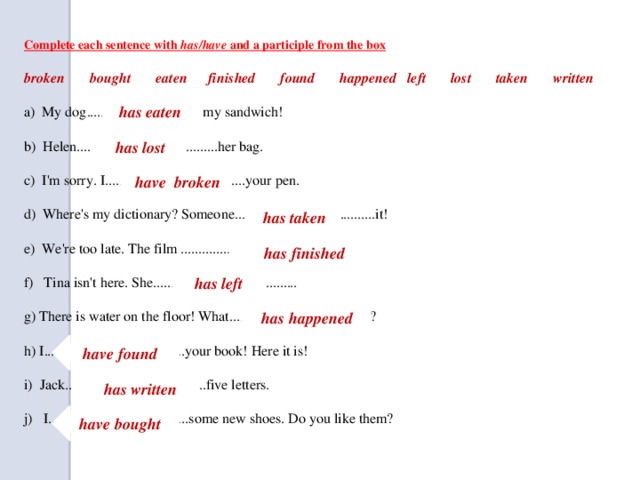 Complete each sentence with has/have and a participle from the box broken bought eaten finished found happened left lost taken written a) My dog.......... my sandwich! b) Helen........................................her bag. c) I'm sorry. I........................................your pen. d) Where's my dictionary? Someone........................................it! e) We're too late. The film ....................................... f) Tina isn't here. She......................................... g) There is water on the floor! What........................................? h) I........................................your book! Here it is! i) Jack........................................five letters. j) I........................................some new shoes. Do you like them? has eaten has lost have broken has taken has finished has left has happened have found has written  have bought