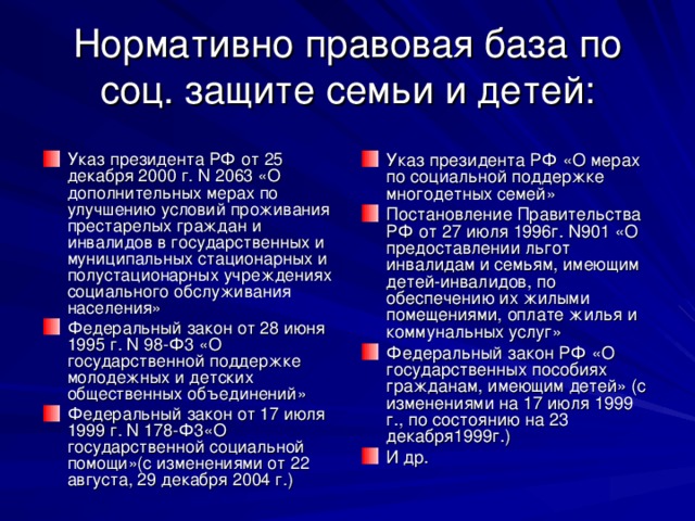 Нормативно правовая база по соц. защите семьи и детей: