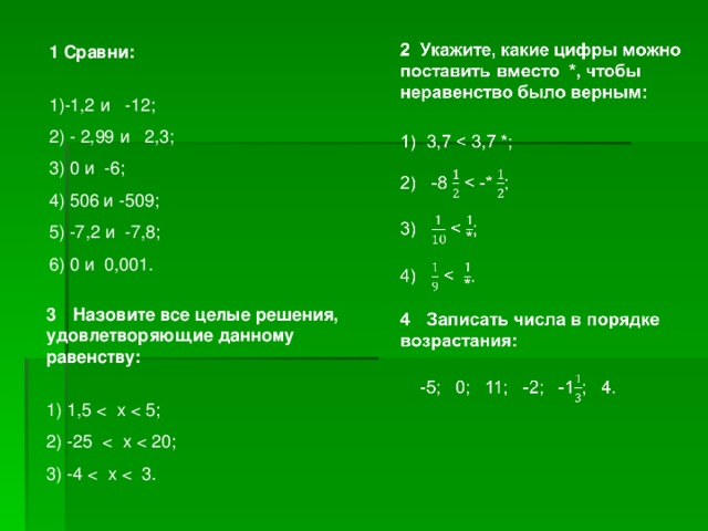 1 Сравни: -1,2 и -12;  - 2,99 и 2,3;  0 и -6;  506 и -509;  -7,2 и -7,8;  0 и 0,001. Назовите все целые решения, удовлетворяющие данному равенству:  1) 1,5 2) -25  3) -4  < х  < 3.