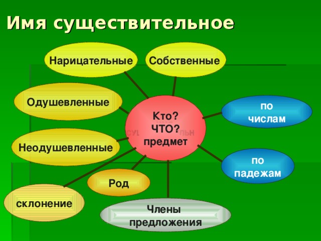 Имя существительное Нарицательные Собственные Одушевленные ИМЯ СУЩЕСТВИТЕЛЬНОЕ Кто? ЧТО? предмет по числам Неодушевленные по падежам Род склонение Члены предложения