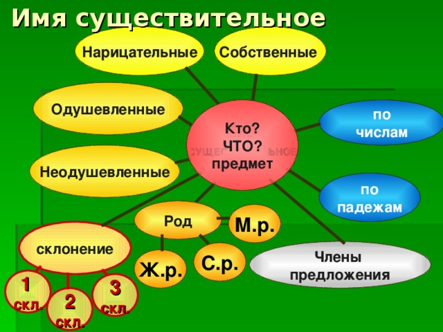 Имя существительное Собственные Собственные Нарицательные Нарицательные Одушевленные Одушевленные ИМЯ СУЩЕСТВИТЕЛЬНОЕ ИМЯ СУЩЕСТВИТЕЛЬНОЕ Кто? ЧТО? предмет по числам по числам Кто? ЧТО? предмет Неодушевленные Неодушевленные по падежам по падежам Род Род М.р. М.р. склонение склонение Члены предложения Члены предложения С.р. С.р. Ж.р. Ж.р. 1  скл. 3 скл. 2 скл.